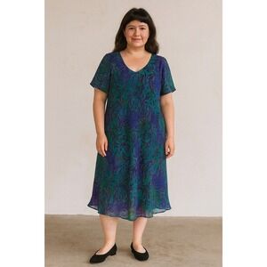 Tracy Richards Midi Dress Blue Floral Womens PXL Short Sleeve Scoop Neck Chiffon